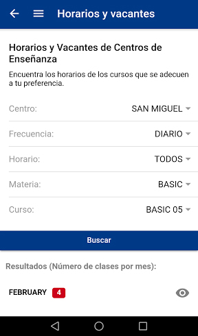 Resultados de vacantes y horarios en el App Británico