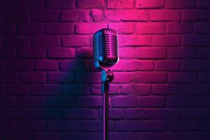 Retro microphone on stage with comic background. Stock microphone.